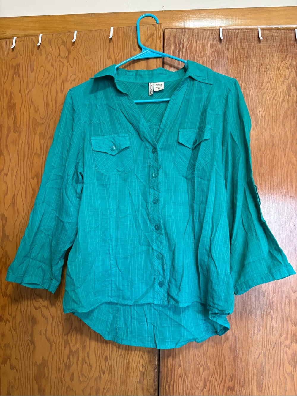 Women’s Teal Button-Down Shirt with Roll-Tab Sleeves